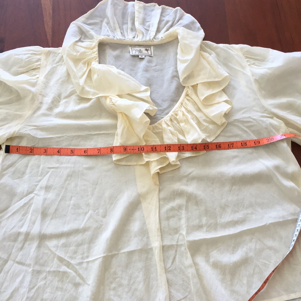 Mille Resort & Travel butter yellow semi sheer ruffle blouse M - Picture 8 of 10
